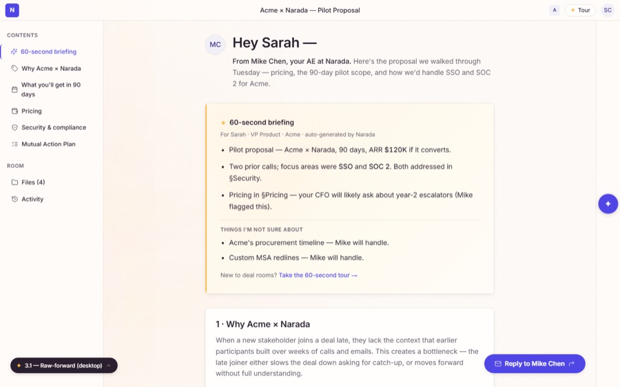 Narada deal room with a 60-second briefing, content blocks and co-presence.